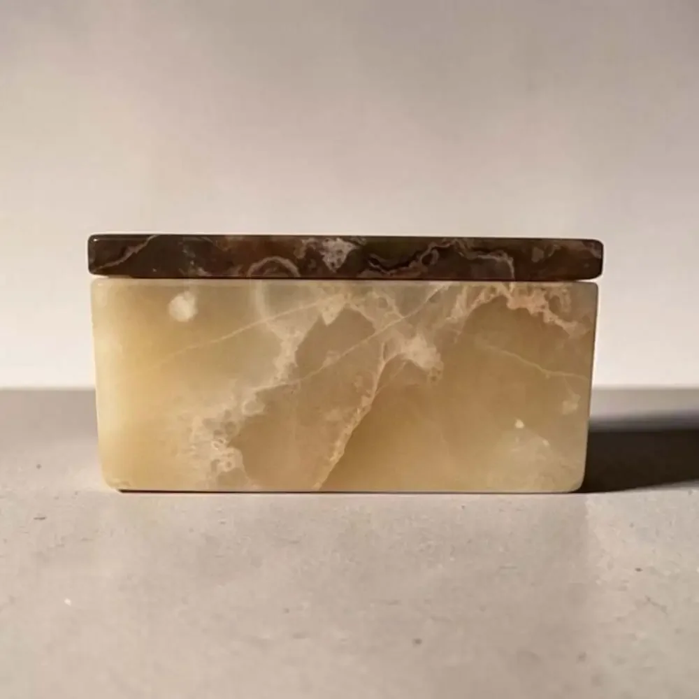 Vintage Hand-Carved Rectangular Green Onyx and Alabaster Jewelry Trinket Box